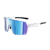 Sunglasses with blue reflective lenses.