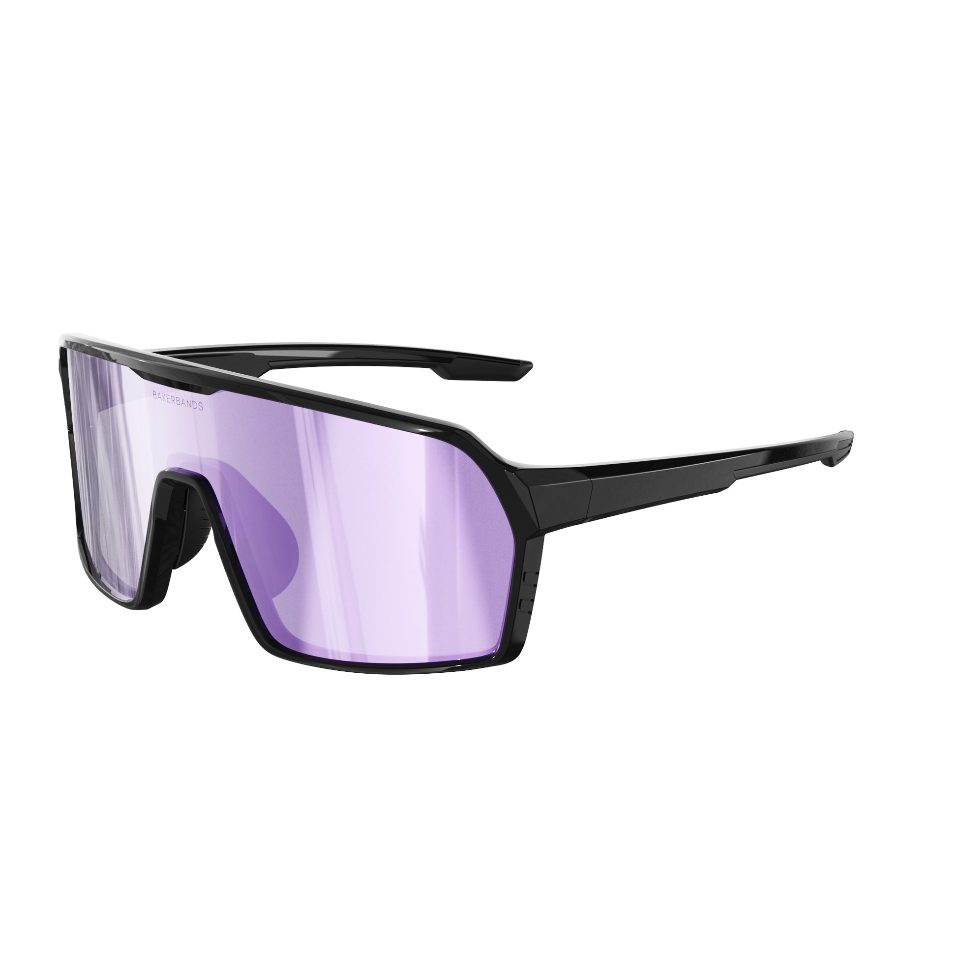 Sunglasses with black frame and purple lenses.