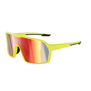 Sunglasses with yellow frame and red-tinted lenses.