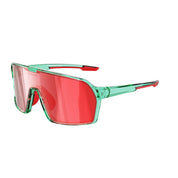 Sunglasses with red lenses and green frames.