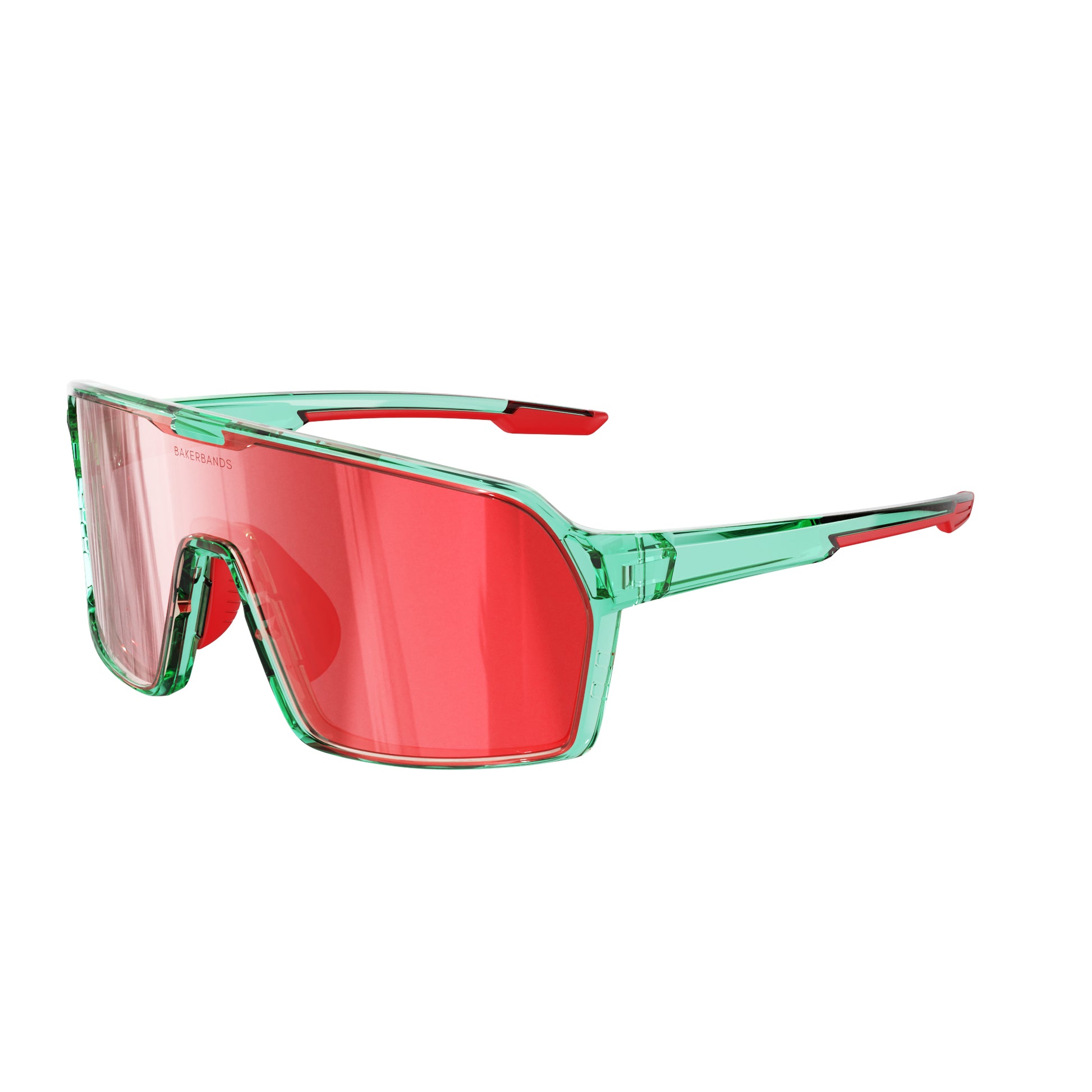 Sunglasses with red lenses and green frames.